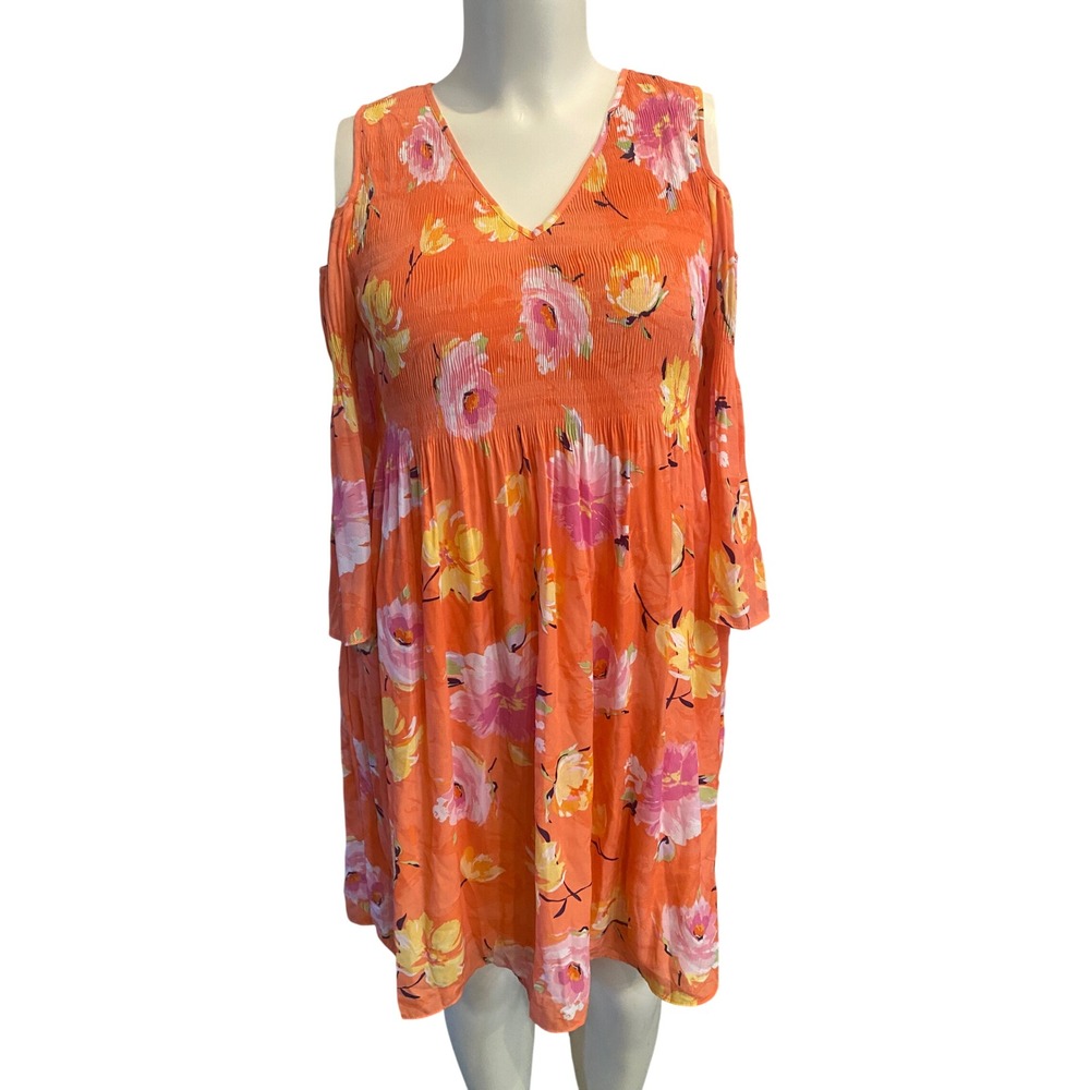 Ninety Clothing Co Orange Floral Cold Shoulder Smocked Dress Medium D1039BD‎